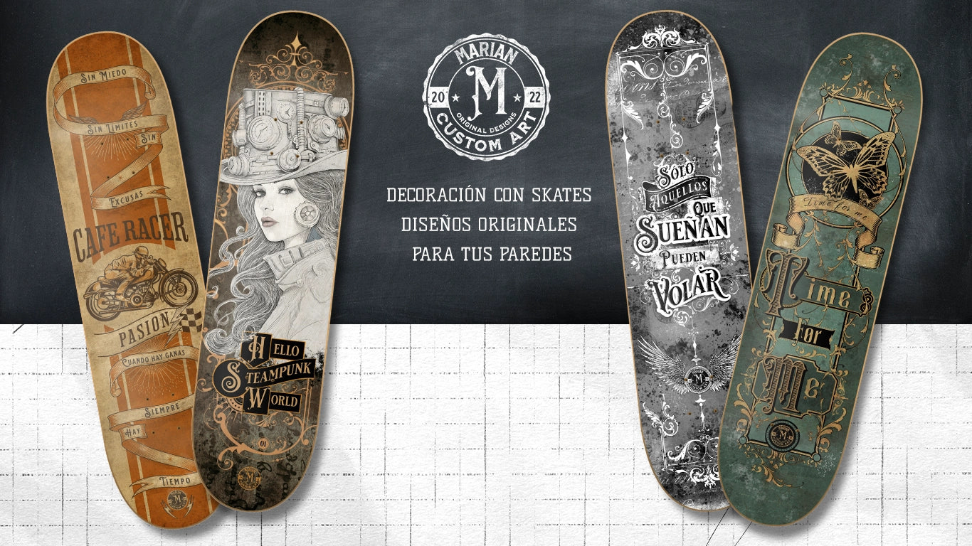 banner marian custom art, decoración con skates originales para tus paredes, se ven cuatro de los diseños en tablas de skates